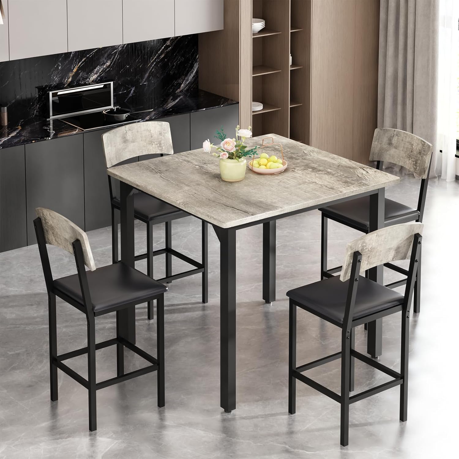 AWQM 5-Piece Dining Table Set, Dining Table Set for 4, Counter Height Table & 4 Bar Stools, Modern Kitchen Dining Set, with Upholstered Chairs, Compact Dining Set for Small Spaces, Gray