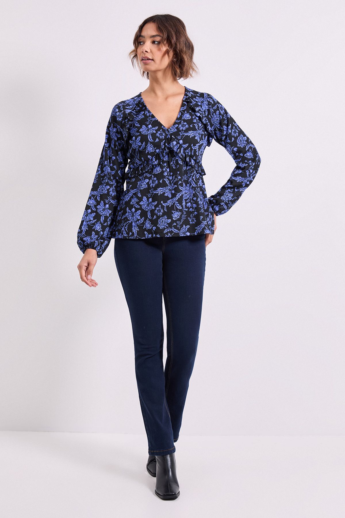 Dorothy Perkins Blue Floral Empire Seam Frill Detail Printed Jersey Top