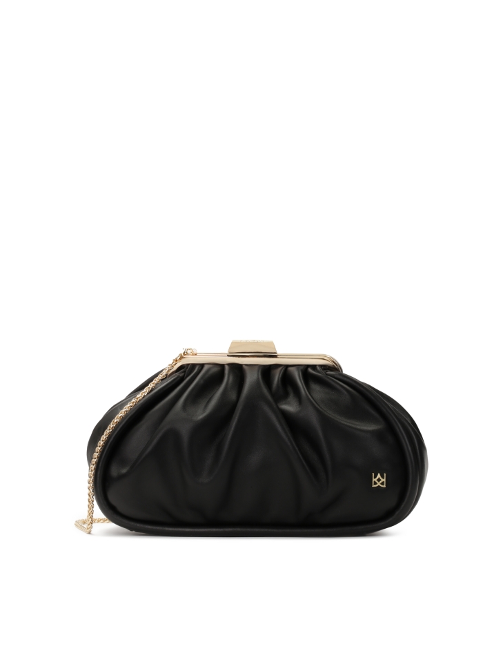 Black leather handbag with metal frame