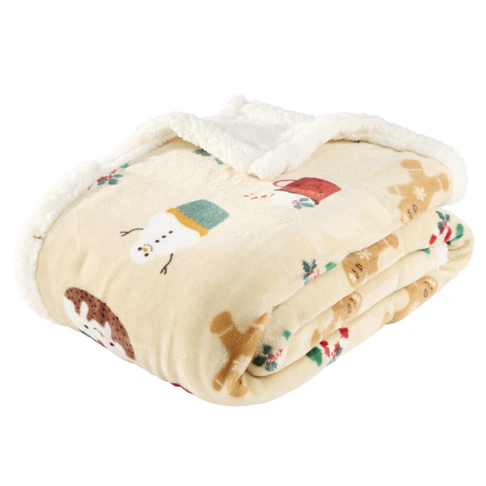 Plaid imprimé motif No&euml;l polyester L150X120 cm (3 modèles beige/rose/rouge)