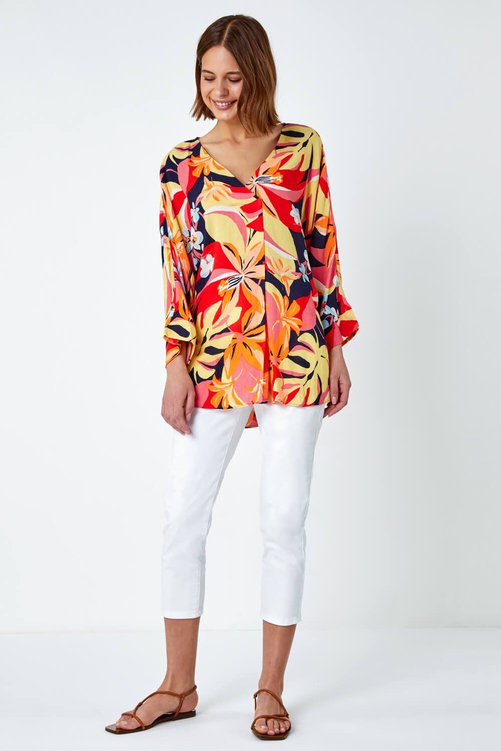 Roman Tropical Print Relaxed V-Neck Kimono Top