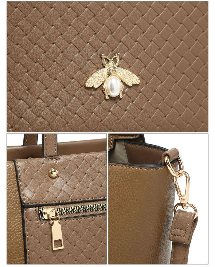 JFY Oversize Bee Badge Zipped Pockets Top Zipped Tote Bag