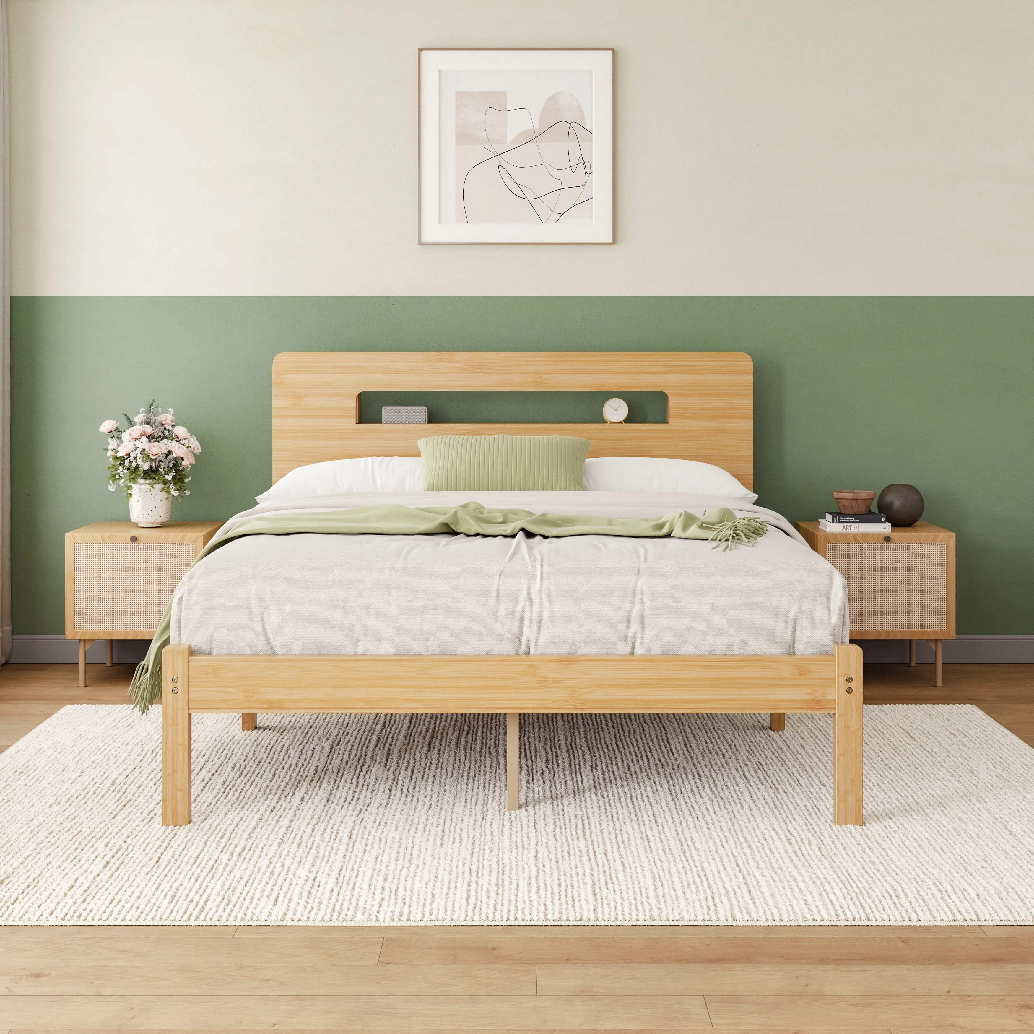 14 Heavy Duty Bamboo & Metal Platform Bed Frame with Headboard