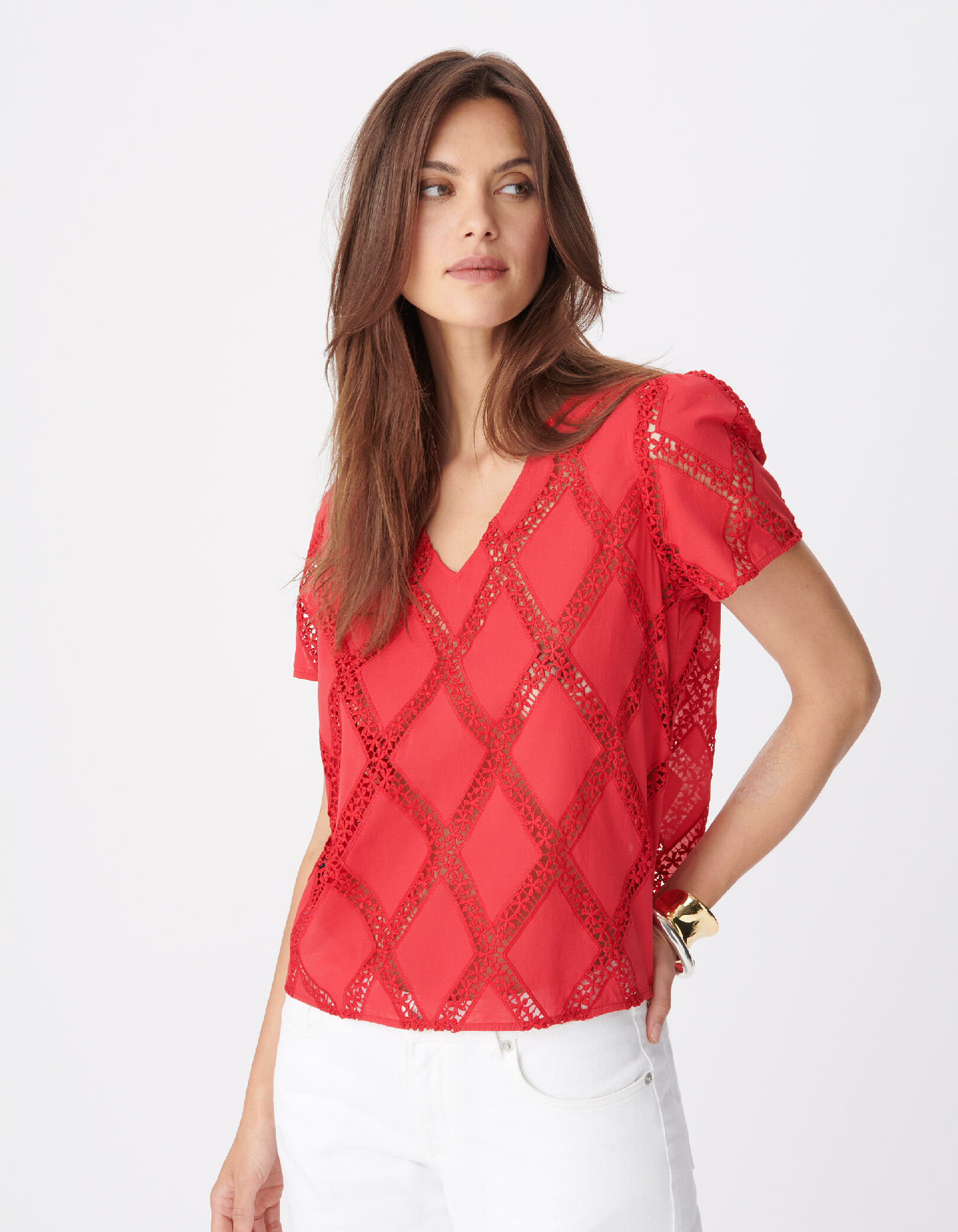 Blouse rouge galons dentelle réversible devant/dos Femme
