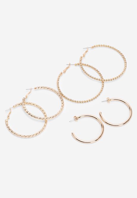 Womens 3 Gold Textured Hoop Earrings