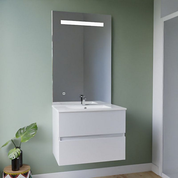 Meuble vasque ROSALY INOX 70 cm   miroir ELEG Plus ht105- Blanc- Plan vasque en Céramique