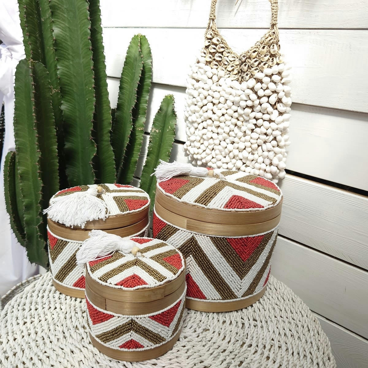 INDY - Boîtes rondes en perles et coquillages - lot de 3