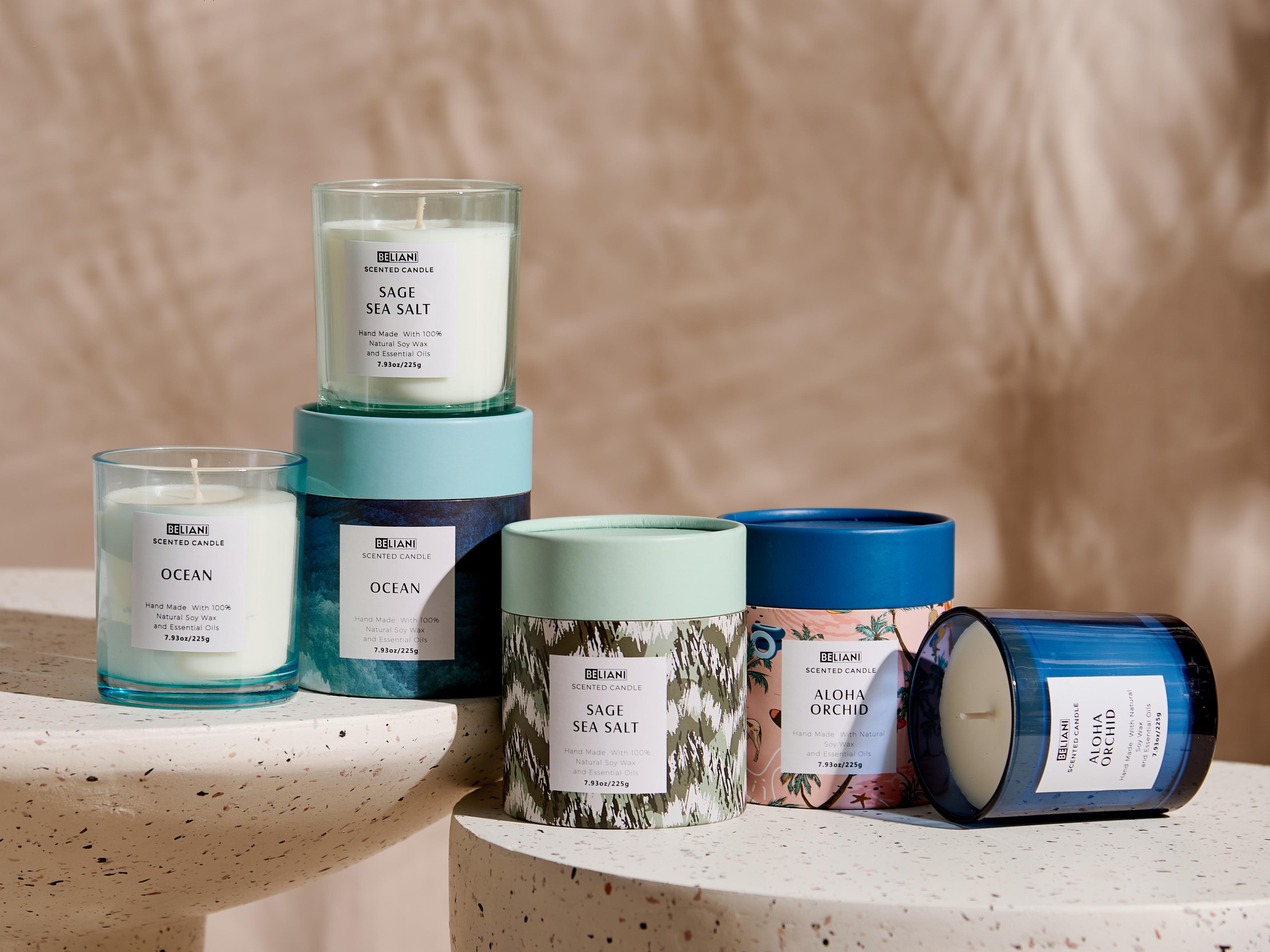 Set of 3 Scented Candles COLORFUL BARREL Soy Wax Fresh Notes Floral Notes