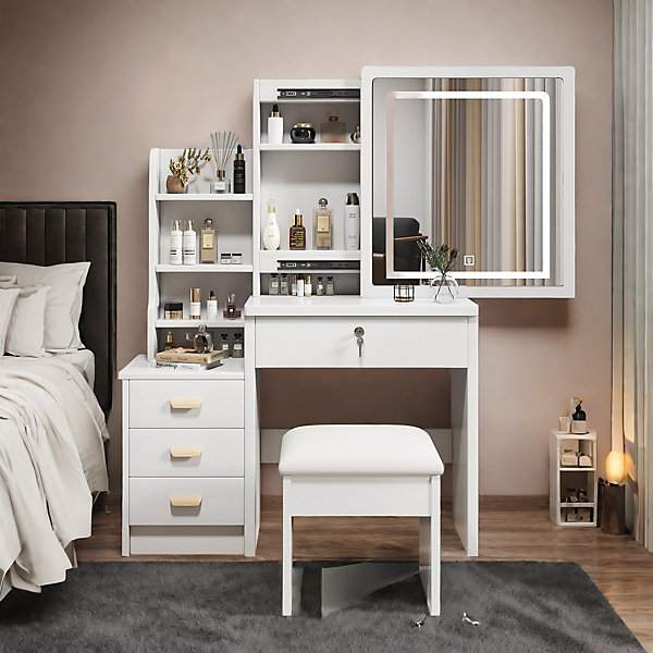 Coiffeuse 85x36x130 cm miroir LED 3 couleurs réglable, 4 tiroirs et vitrine verre, style rétro élégant blanc