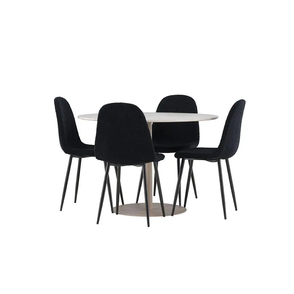 Hioshop Lycke eethoek tafel &Oslash;110cm en 4 teddy stoelen beige