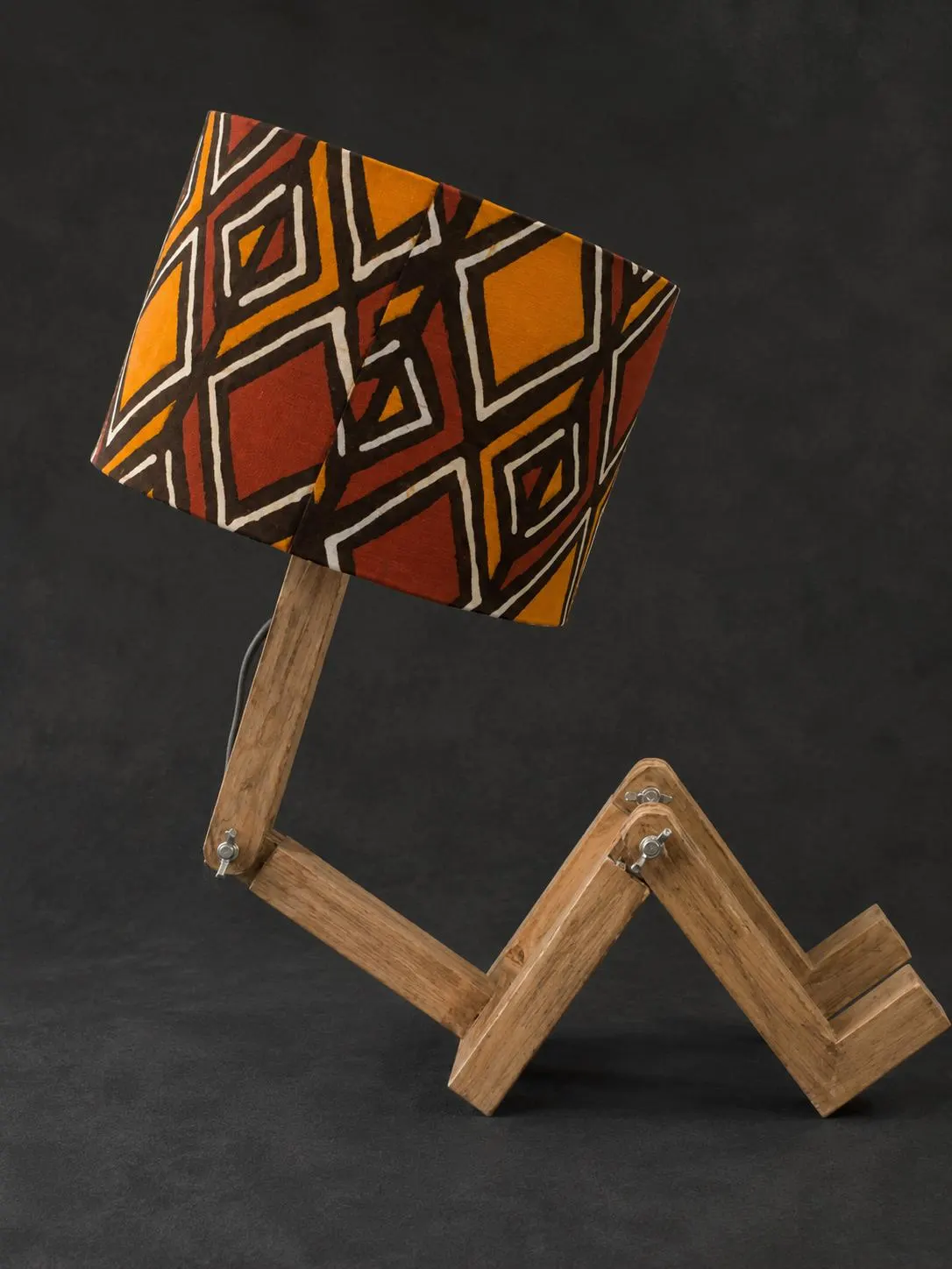 Adjustable Wooden Table Lamp with African-Inspired Geometric Fabric Shade – Handmade Articulated Boho Desk Light