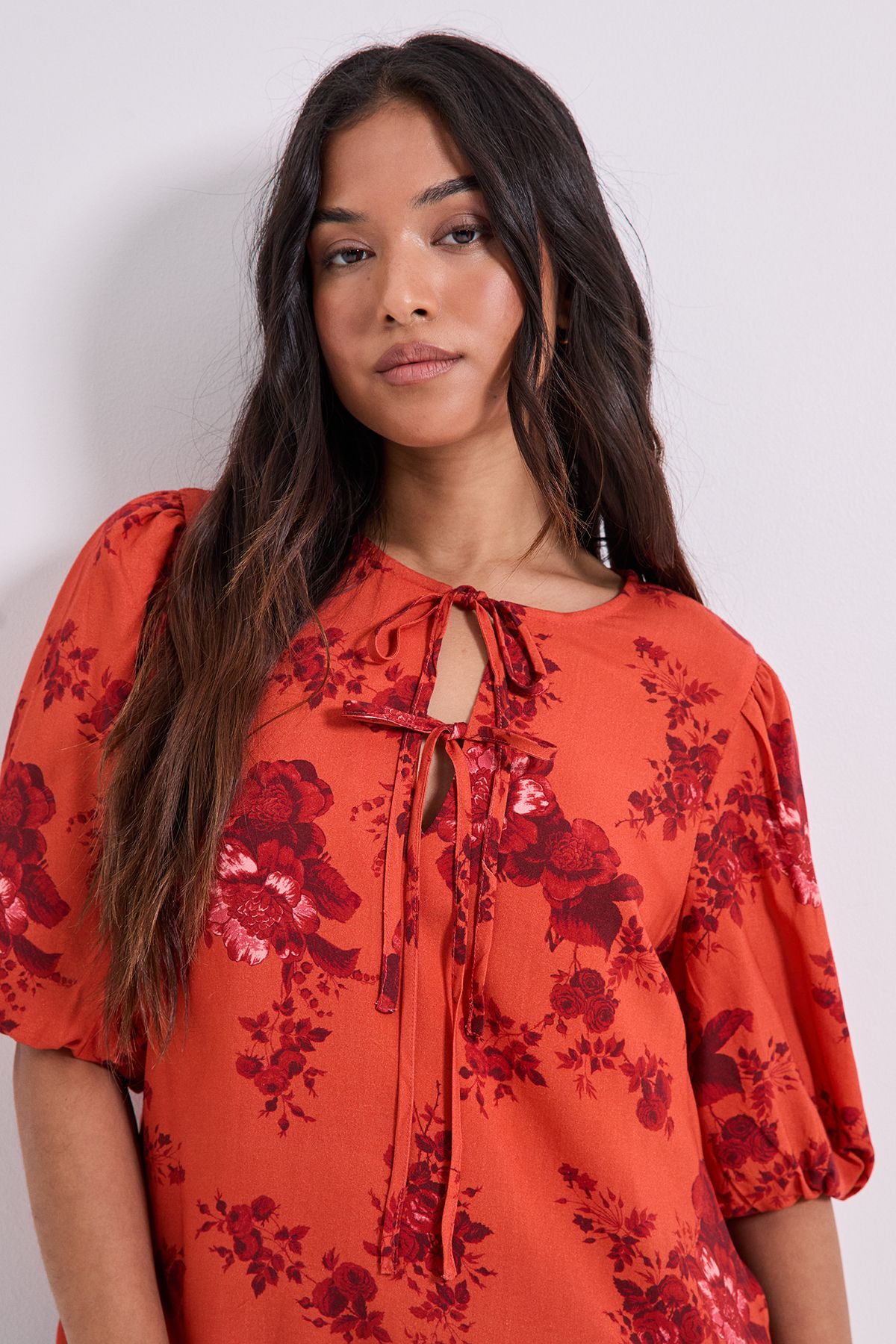 Dorothy Perkins Petite Tie Detail Puff Sleeve Printed Top