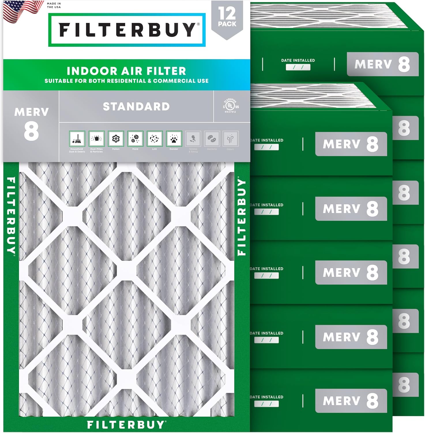 Filterbuy 12x36x4 Air Filter MERV 8 Essential Dust & Allergy Defense (12-Pack), Electrostatic Pleated HVAC AC Furnace Filters Replacement, Made in USA (Actual Size: 11.50 x 35.50 x 3.63)