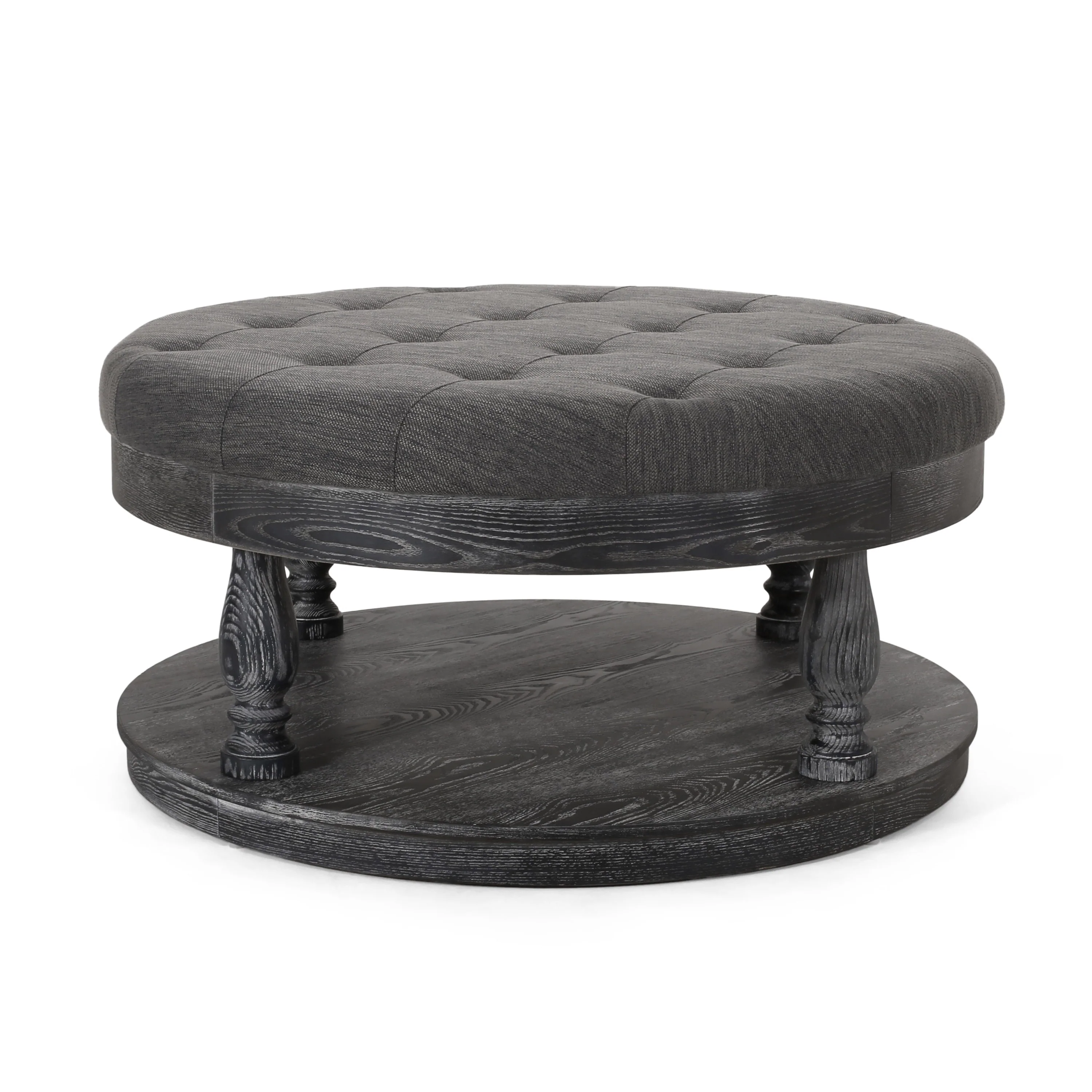 Sanya Ottoman Table, Dark Gray Fabric, Black Wood, Round 40 Inch