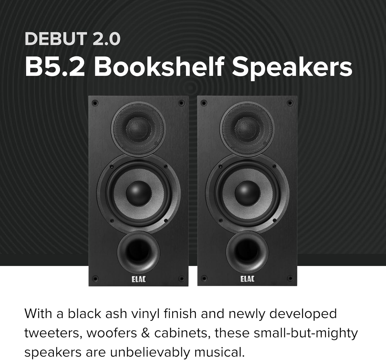 ELAC Debut 2.0 B5.2 Bookshelf Speakers  Black (Pair) - 1” Cloth Dome Tweeter & 5.25” Aramid Fiber Woofer - 2-Way Bass Reflex - Up to 35 000 Hz Response