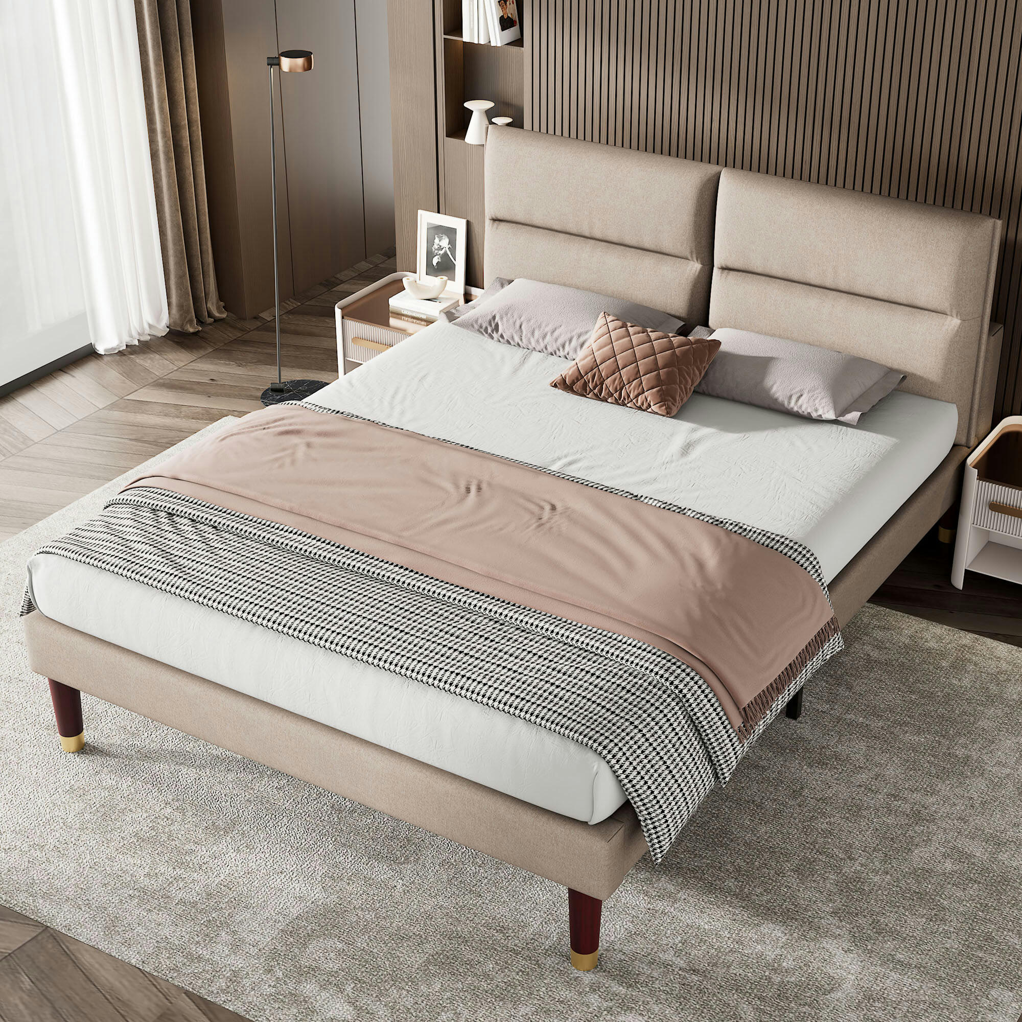 - Lit double tissu lin beige avec tête de lit réglable 160*200cm