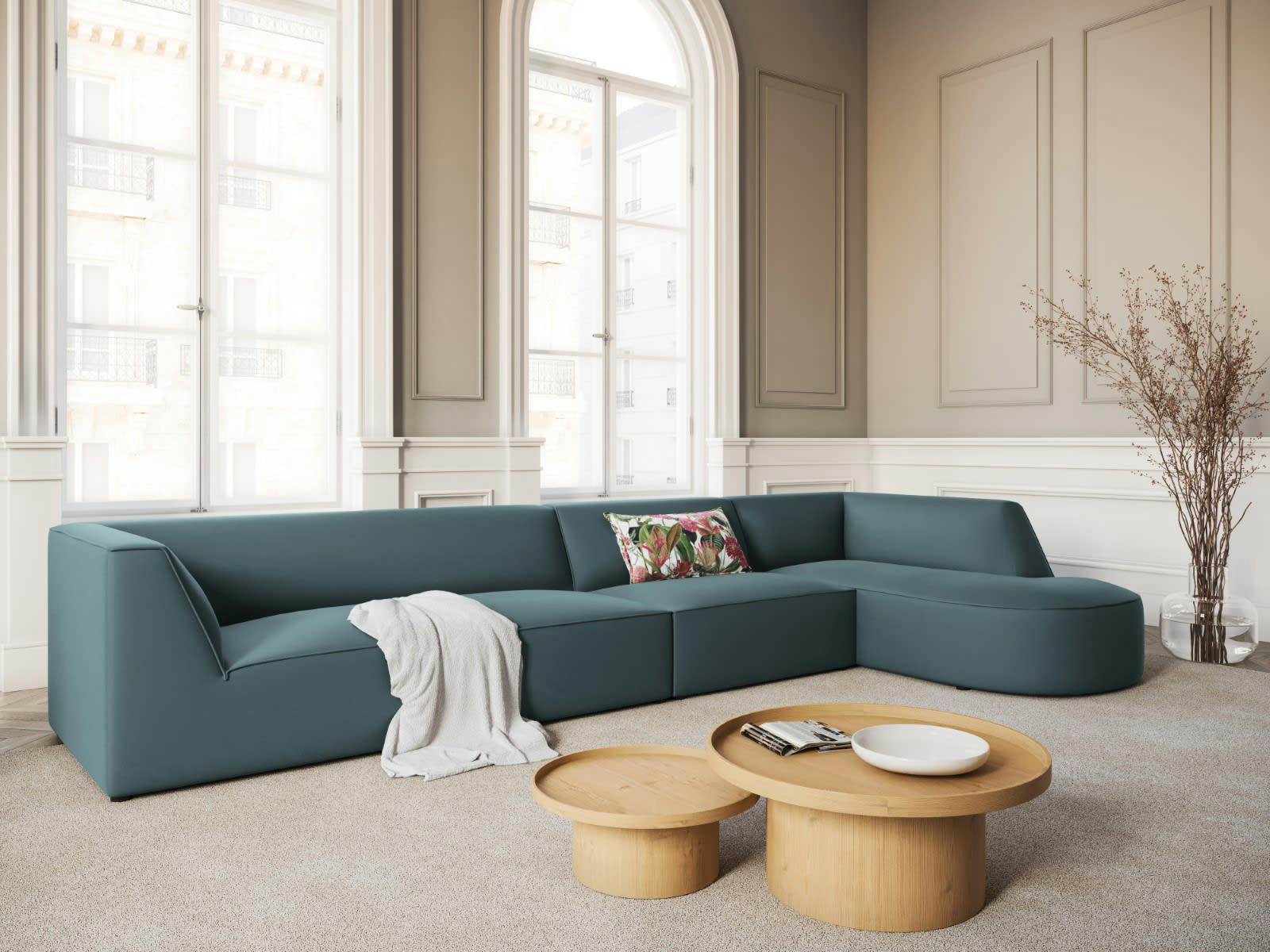 CHARLES - Canapé D'Angle Droit 5 places en Velours Bleu