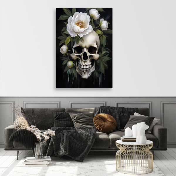 Feeby Obraz na płótnie, Czaszka Białe Kwiaty Piwonni 40x60