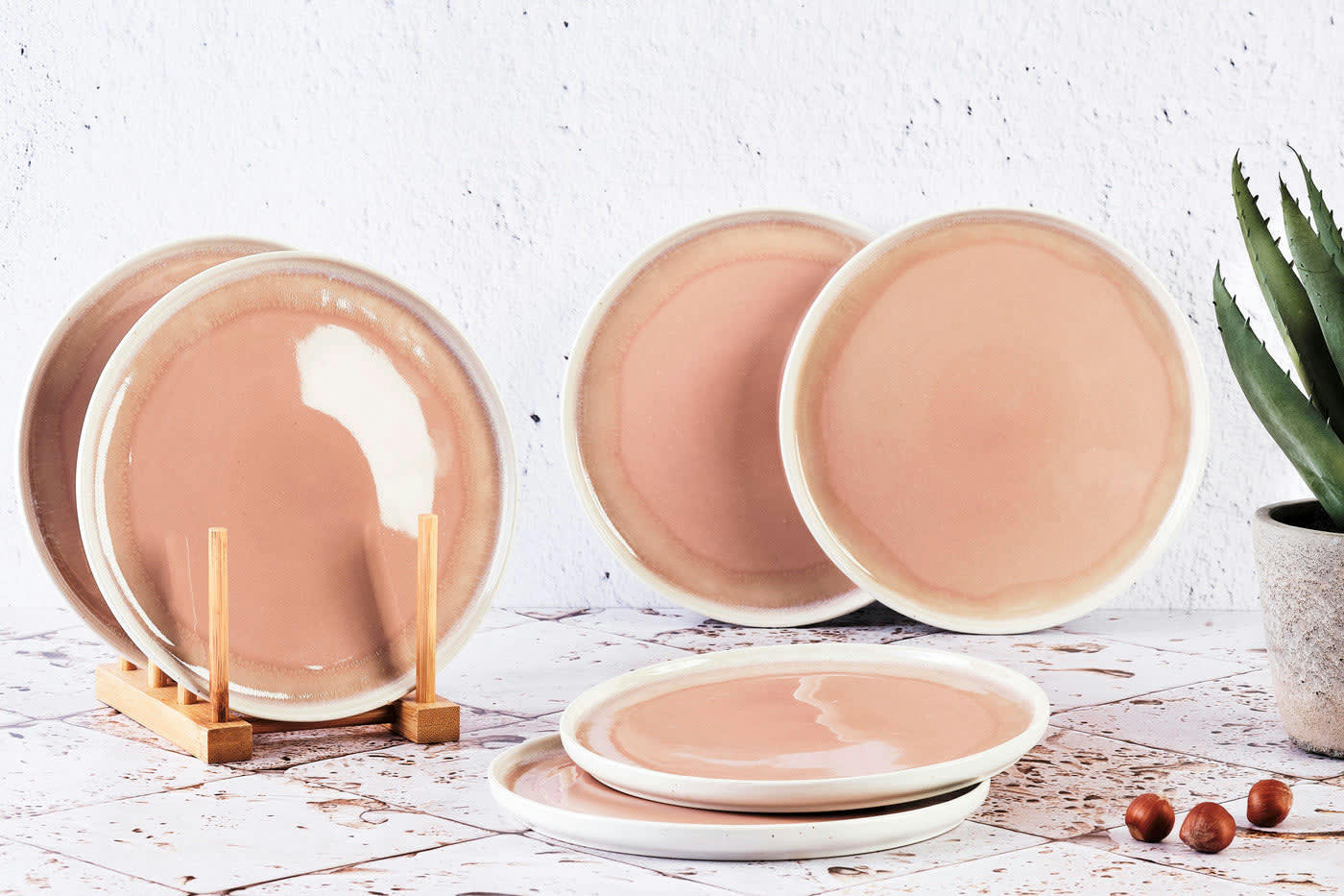 OXYGEN - Lot de 6 assiettes à dessert en grès rose D21,5