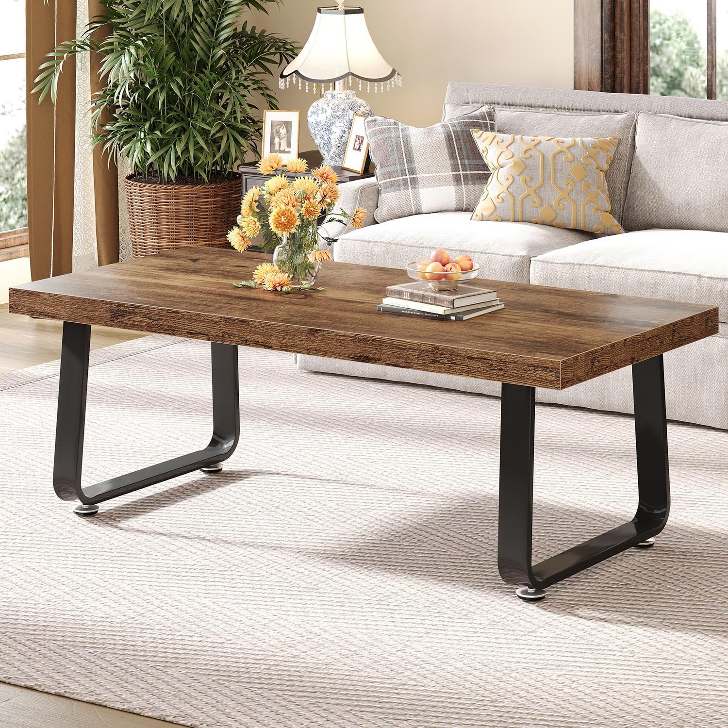 HSH Wooden Coffee Table, Industrial Rectangle Center Table, Modern Minimalist Coffee Table for Living Room, Farmhouse Wood and Metal Cocktail Tea Table for Bedroom Home Office, Rustic Brown, 47 in