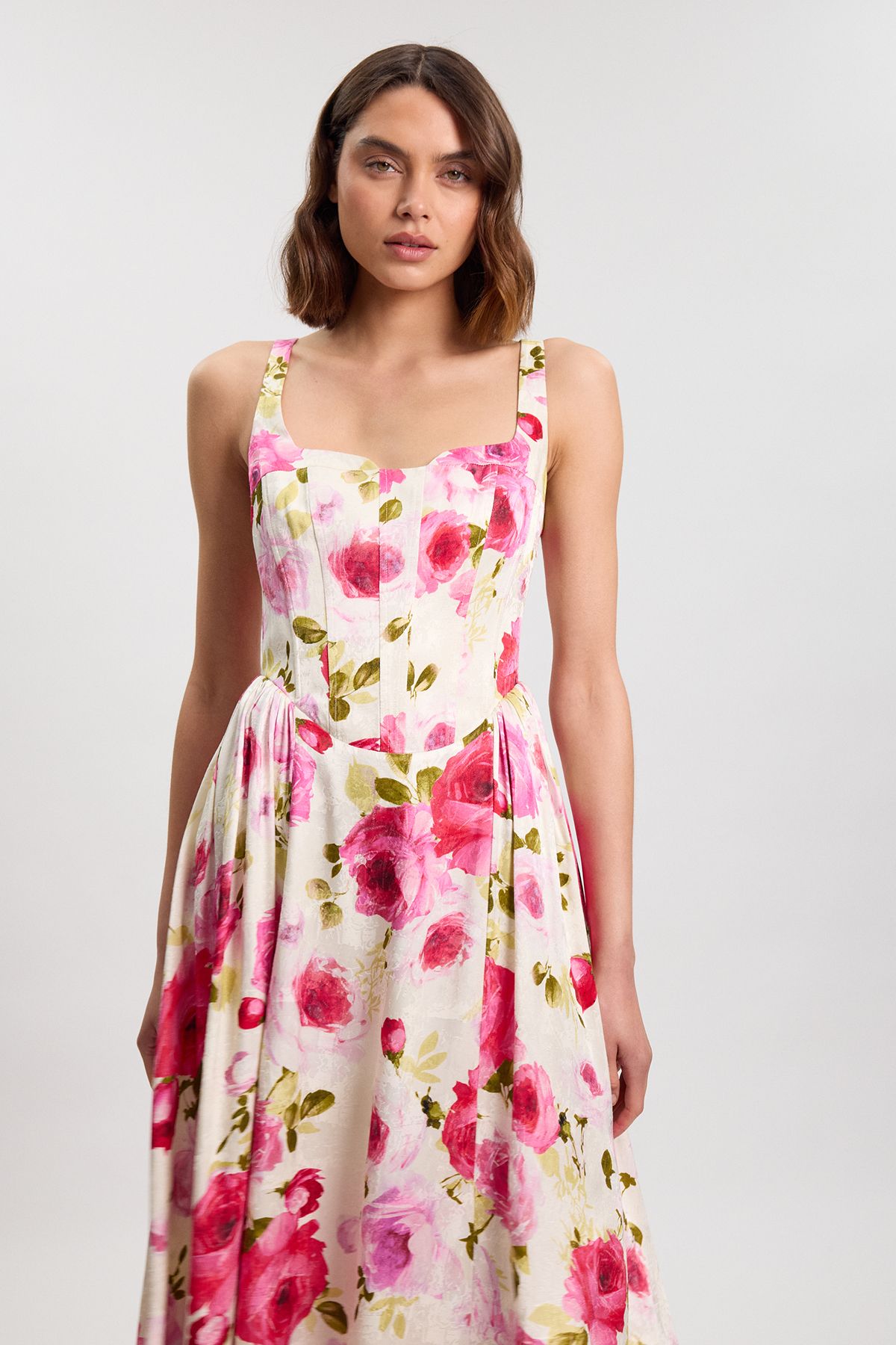 KarenMillen Scattered Floral Cotton Poplin Boned Detail Woven Maxi Prom Dress