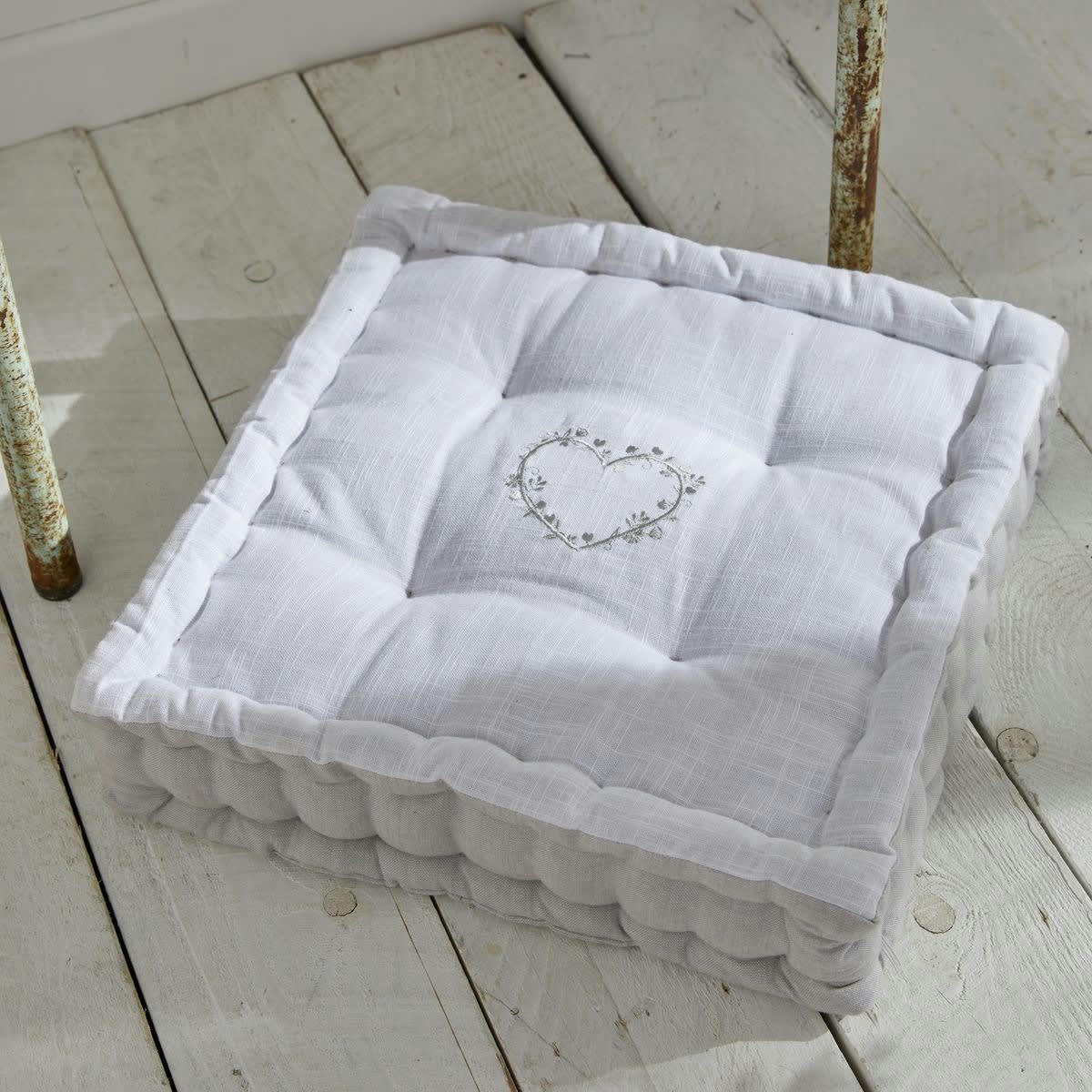 CHARME - Coussin de sol avec broderies en coton gris clair 40x40x10