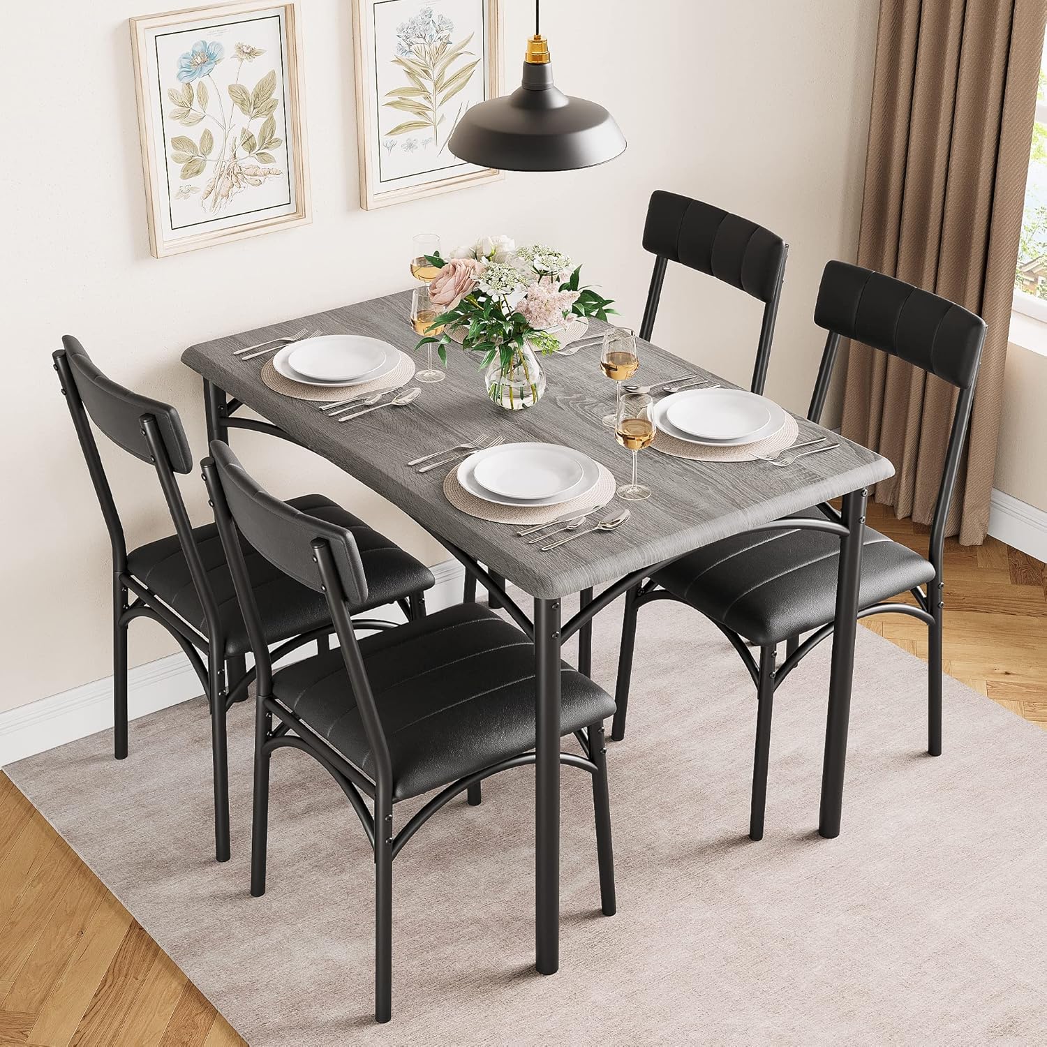CABIHOME Dining Table Set for 4, Kitchen Table Set for 4, Dining Room Table Set with Upholstered Chairs, Rectangle Kitchen Table Set for Small Space, Apartment, Studio, Gray