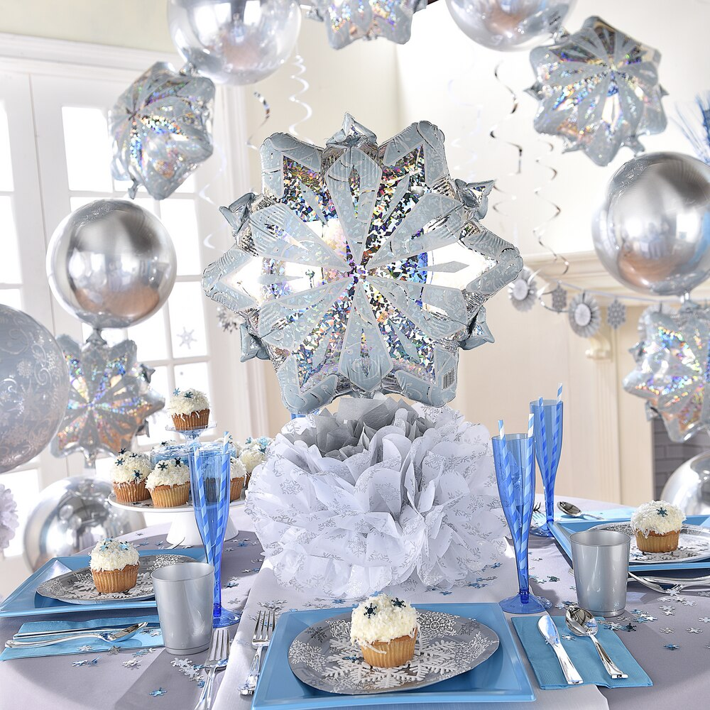 Snowflake Satin Foil Balloon, Silver/Blue, 18-in, Helium Inflation & Ribbon Included for Winter/Christmas