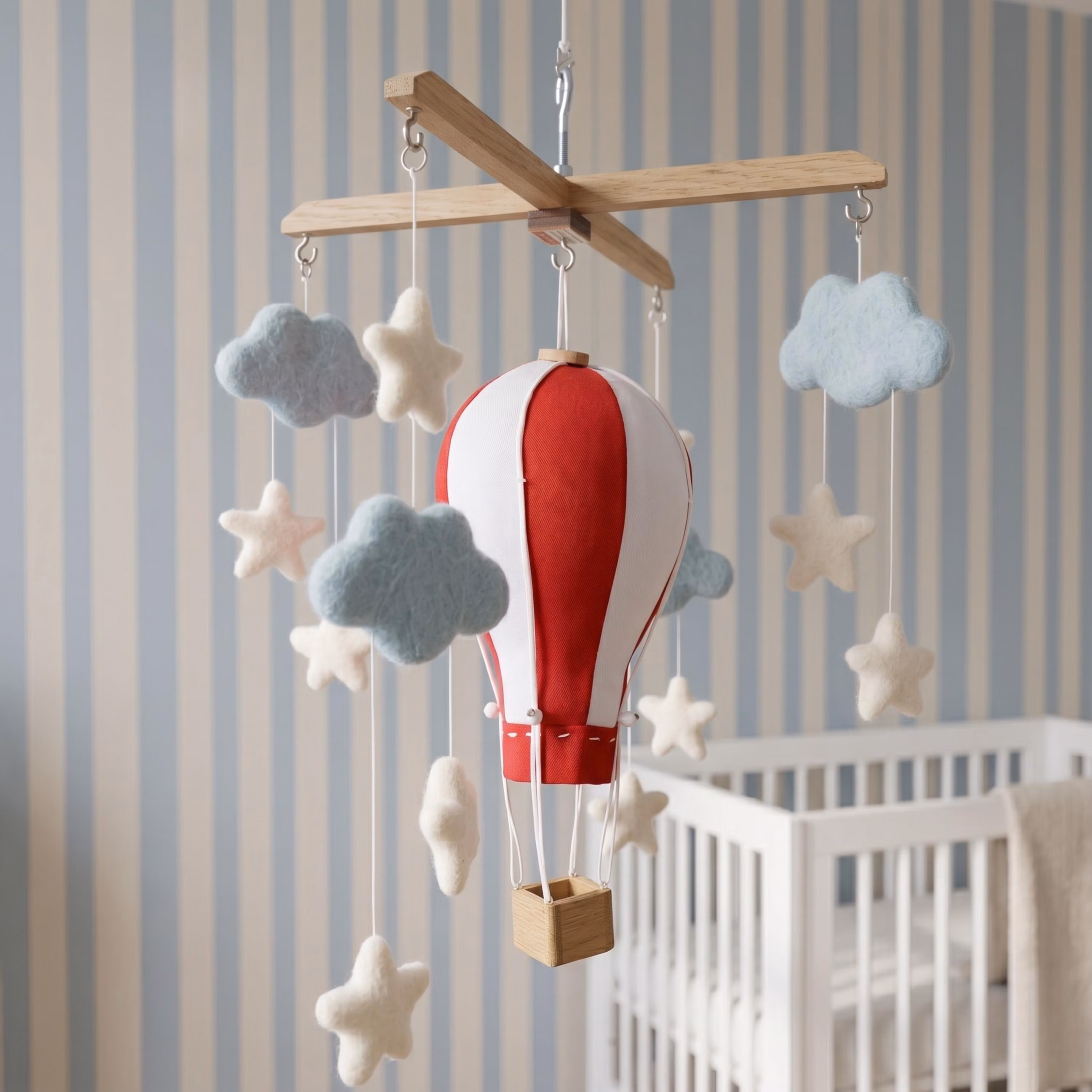 Red Hot Air Balloon Baby Mobile, Blue Felt Clouds, Cream Stars, Retro Nursery Decor