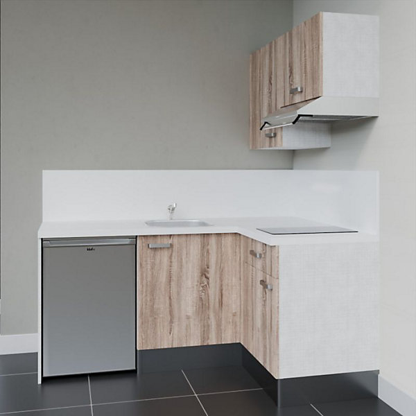 Kitchenette KA02 façades Bois - Plan de travail Blanc - Crédences : Oui - Evier inox - Electroménager Inox inclus