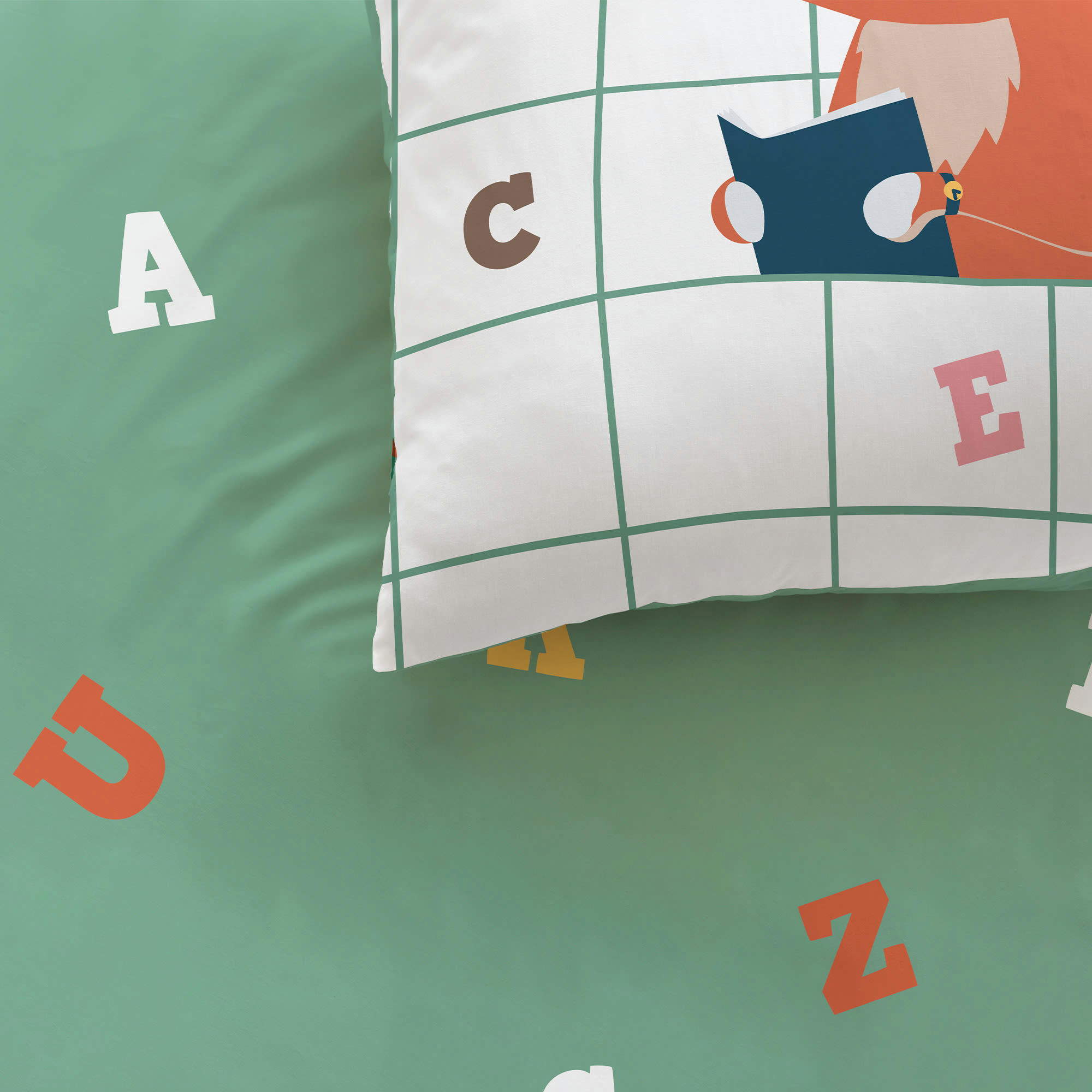 KARO ANIMO - Parure de lit imprimée en coton Blanc, Vert 140x200+63x63cm