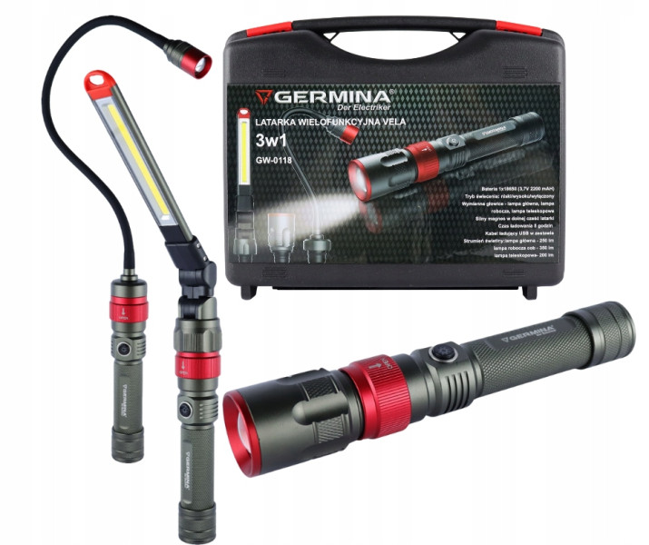 Latarka LED 3w1 Germina wielofunkcyjna bateryjna   walizka 1kpl.