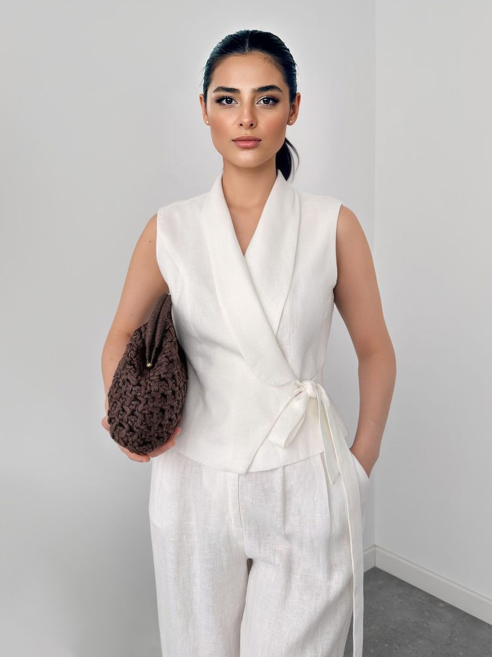Casual Sleeveless Wrap Vest Top & High-Waist Wide-Leg Pants Two-Piece Set