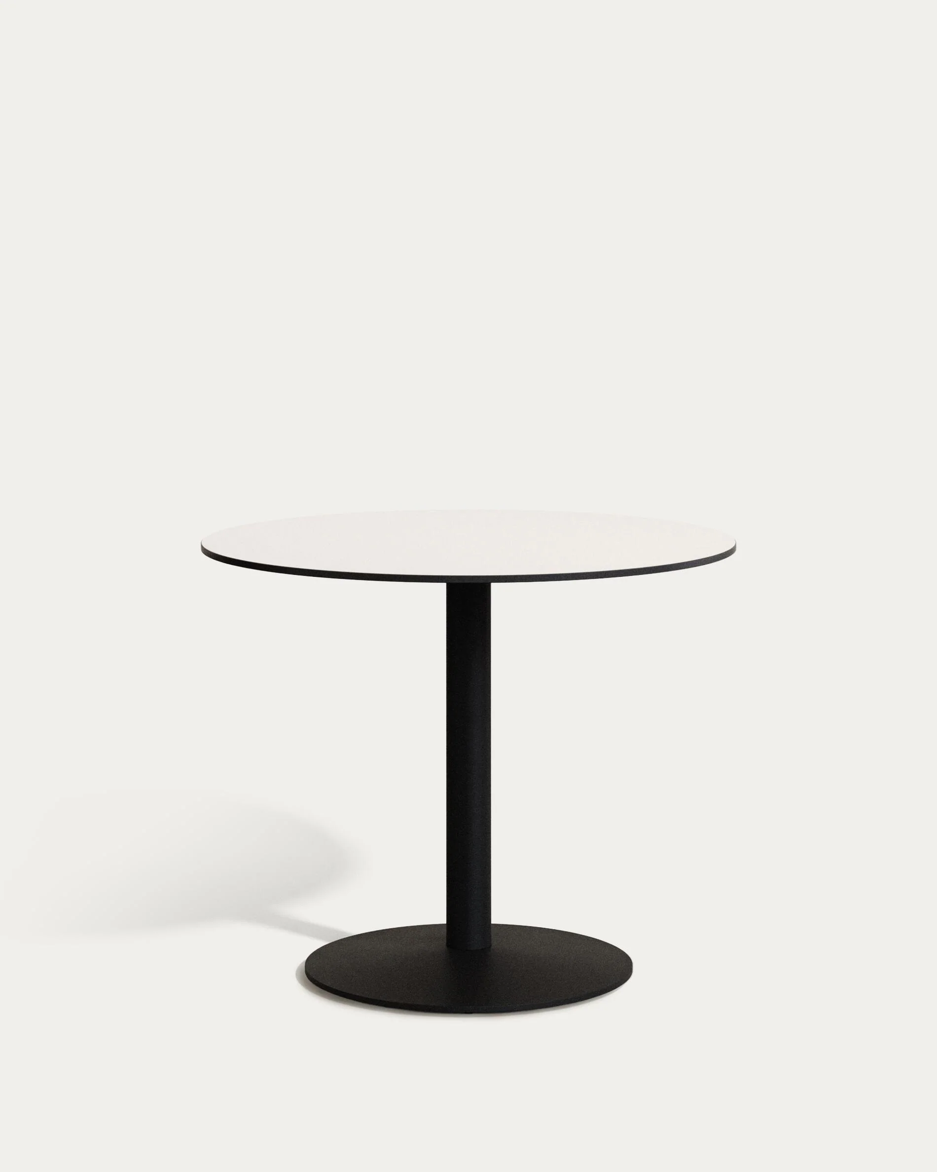 Esilda round outdoor table in white with metal leg in a painted black finish, Ø 90 x 70 cm
