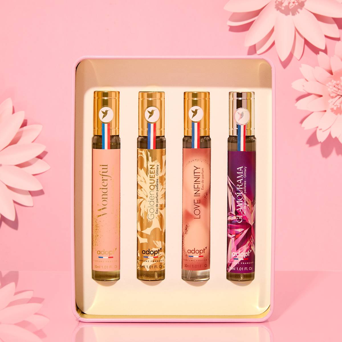 Love you to the moon and backCoffret Métal 4 eaux de parfums Wonderful 30 ml   Golden Queen 30 ml   Love Infinity 30 ml   Glamourama 30 ml