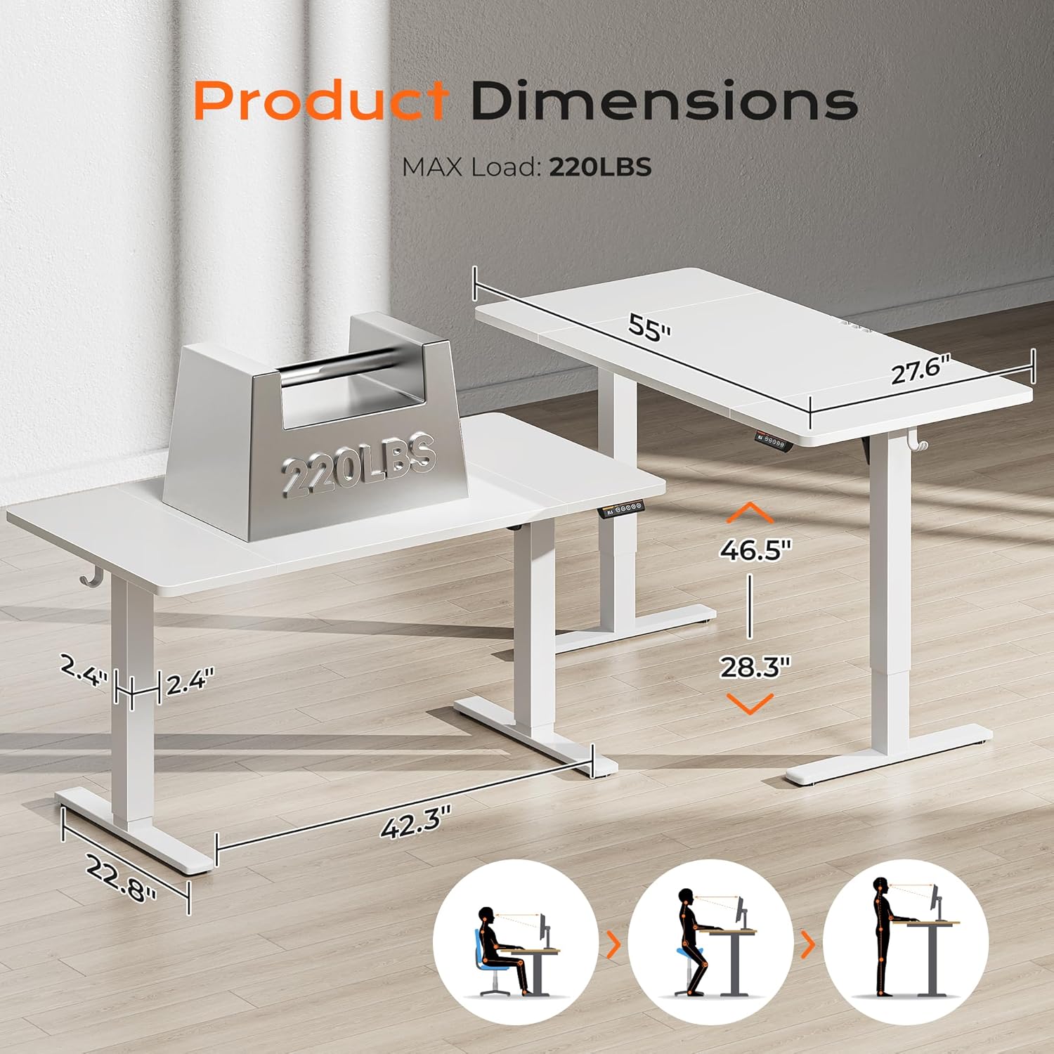 Huuger 55 x 28 Large Electric Standing Desk, Height Adjustable Copmuter Desk, 27.6 Deep Desktop, Stand up Gaming Office Table with 2 Hooks, 3 Preset Heights, for Home Office, White