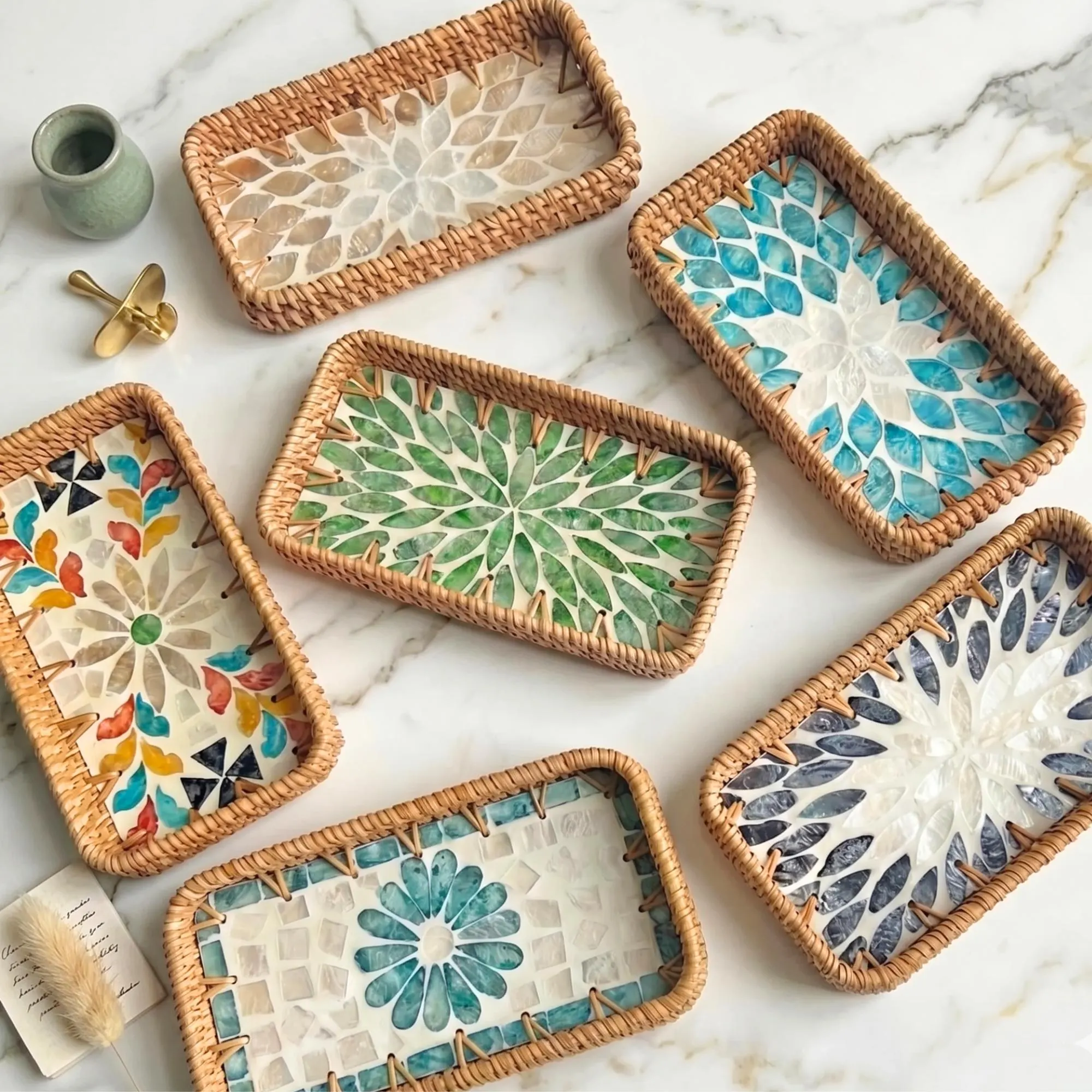 Rattan Tray with Mother of Pearl Inlay, Decorative Rectangle Serving Tray, Handmade Boho Home Decor, Boho Home Decor