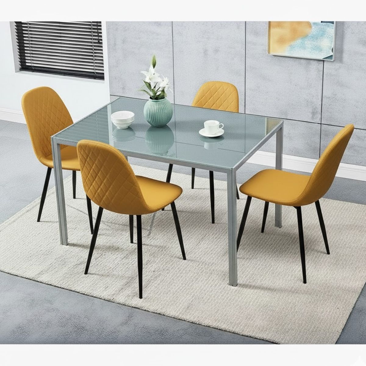 KOSY KOALA Modern Grey Glass Dining Table Set with 4 Mustard Faux Leather Chairs