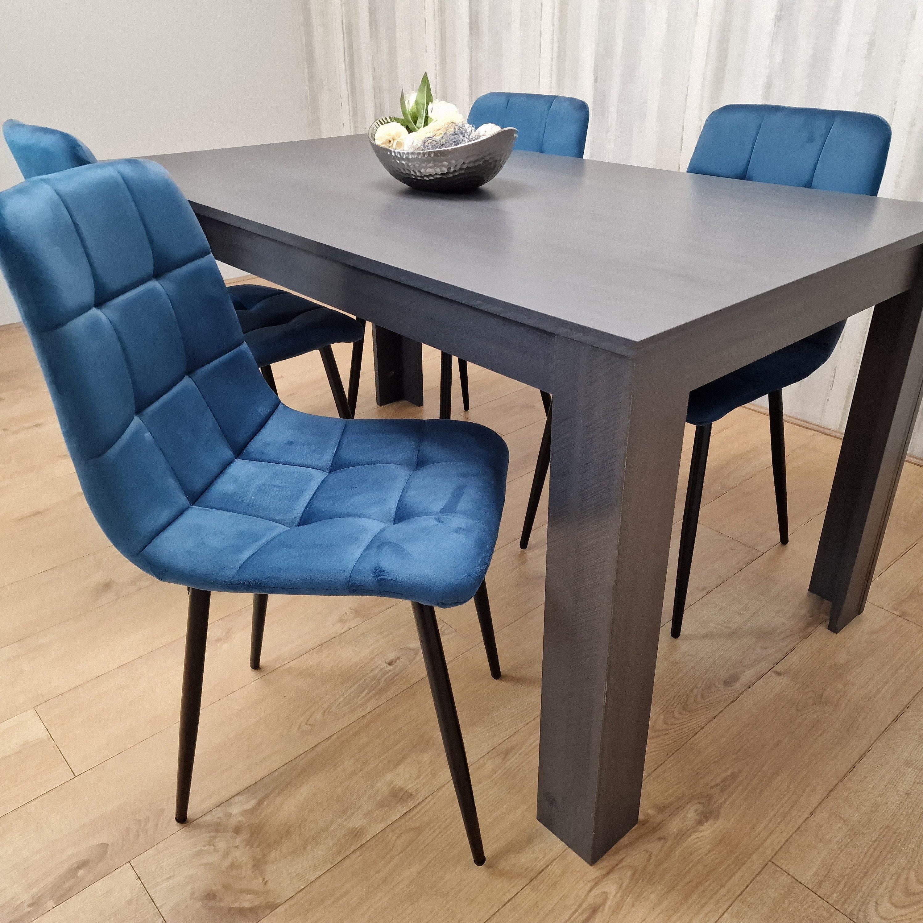 KOSY KOALA Grey Dining Table and 4 Blue Velvet Chairs Kitchen Dining Table for 4 Dining Room Dining Set