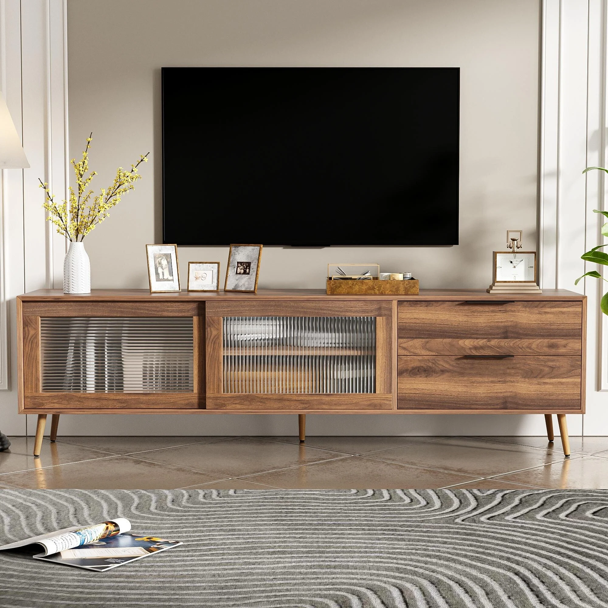 70-Inch Modern Media Console with Glass Doors, Drawers, and Ample Storage