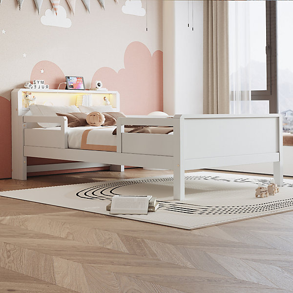 Lit enfant 90x200 cm simple avec prises USB/Type-C, LED et tête de lit rangement, pin massif et MDF naturel, sans matelas