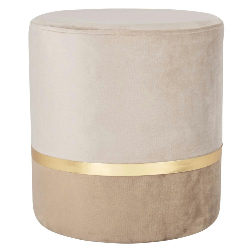 - Pouf rond en velours gris clair et métal doré