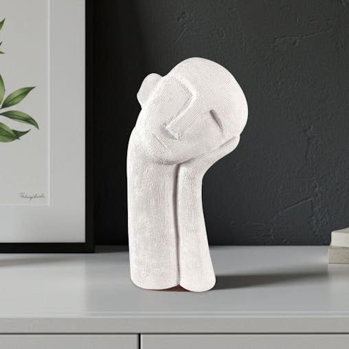 SOGA 38cm White Minimalist Head Resin Sculpture with Hand at Side and Linear Texture for Home Decor