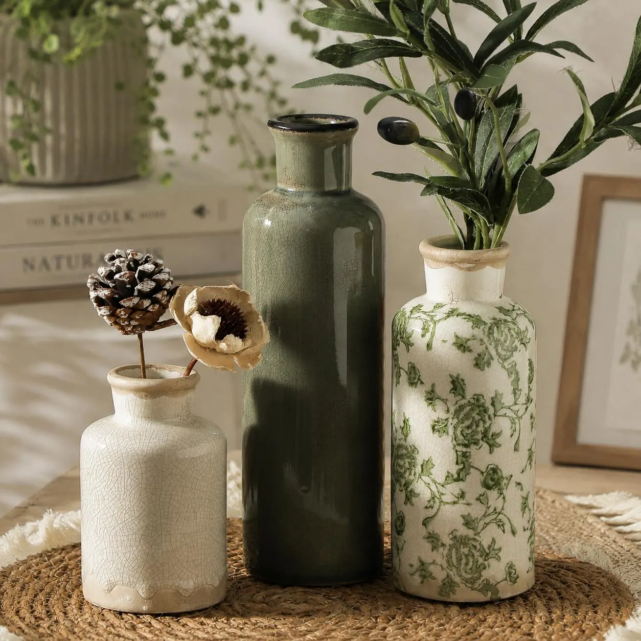 Vintage Vase Set of 3, Ceramic Vases, Farmhouse Vase Decor, Rustic Floral Vases, Cottagecore Home Decor, Table Centerpiece