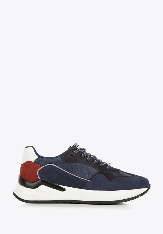 Męskie sneakersy skórzane z motywem w jodełkę niebiesko-czerwone