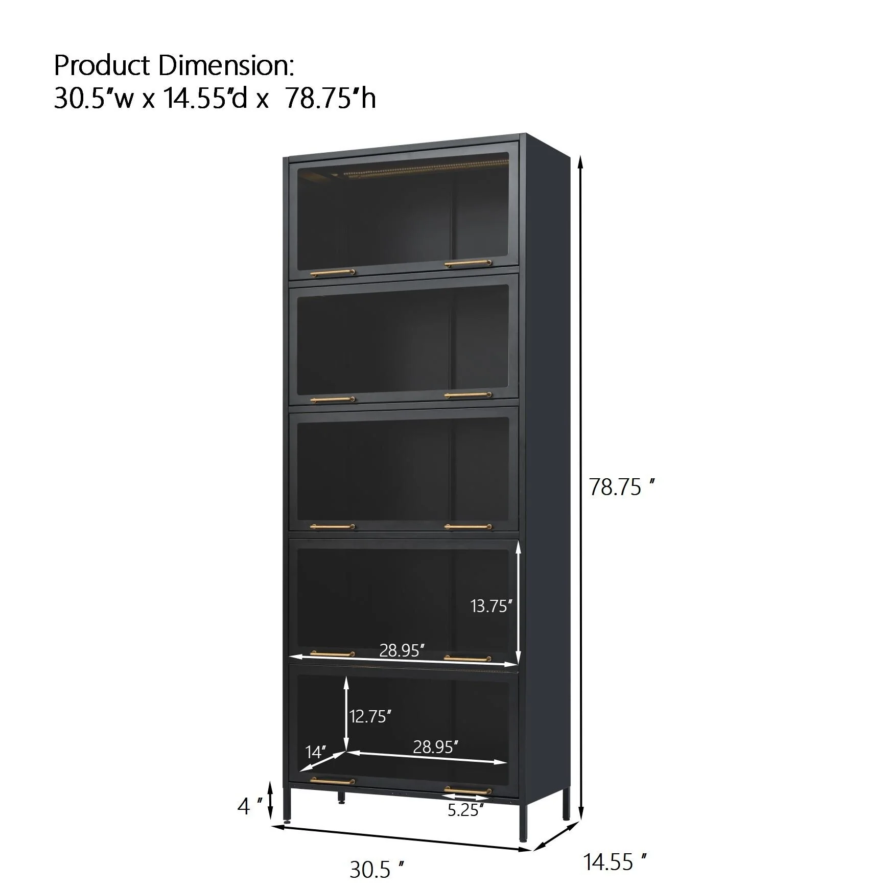 78.75Tall Iron Display Cabinet with Glass Doors, 5-Tier Steel Barister Bookcase with LED Lights for Collectibles