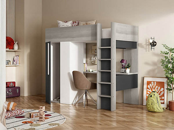 Lit mezzanine 90 x 200 cm avec armoire et bureau - Anthracite et blanc   matelas - NICOLAS II