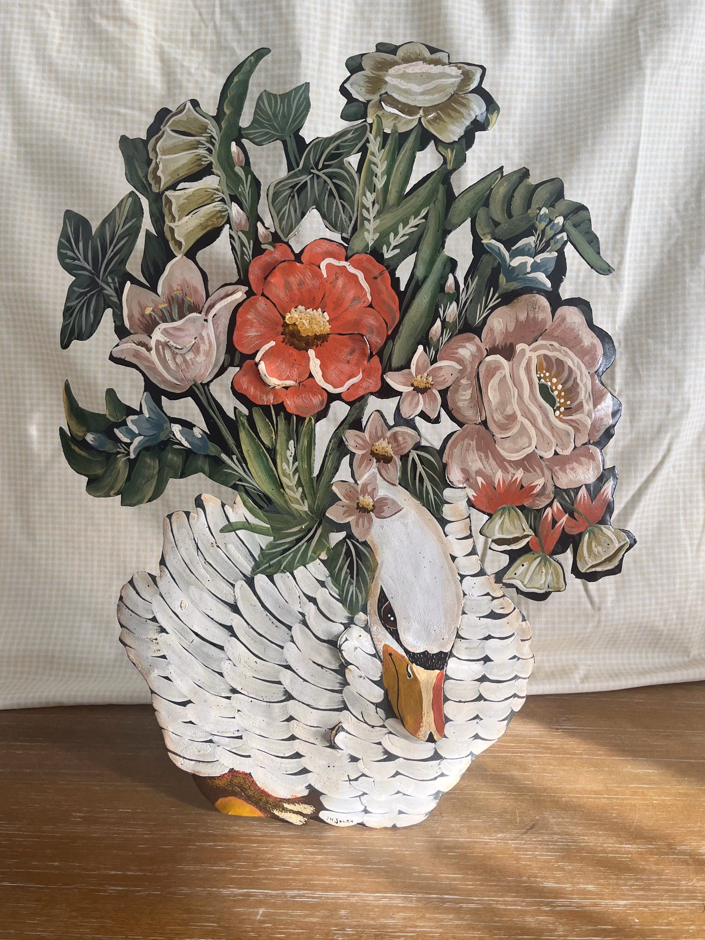 Vintage Toleware handpainted metal Swan or Goose And Floral fireplace screen