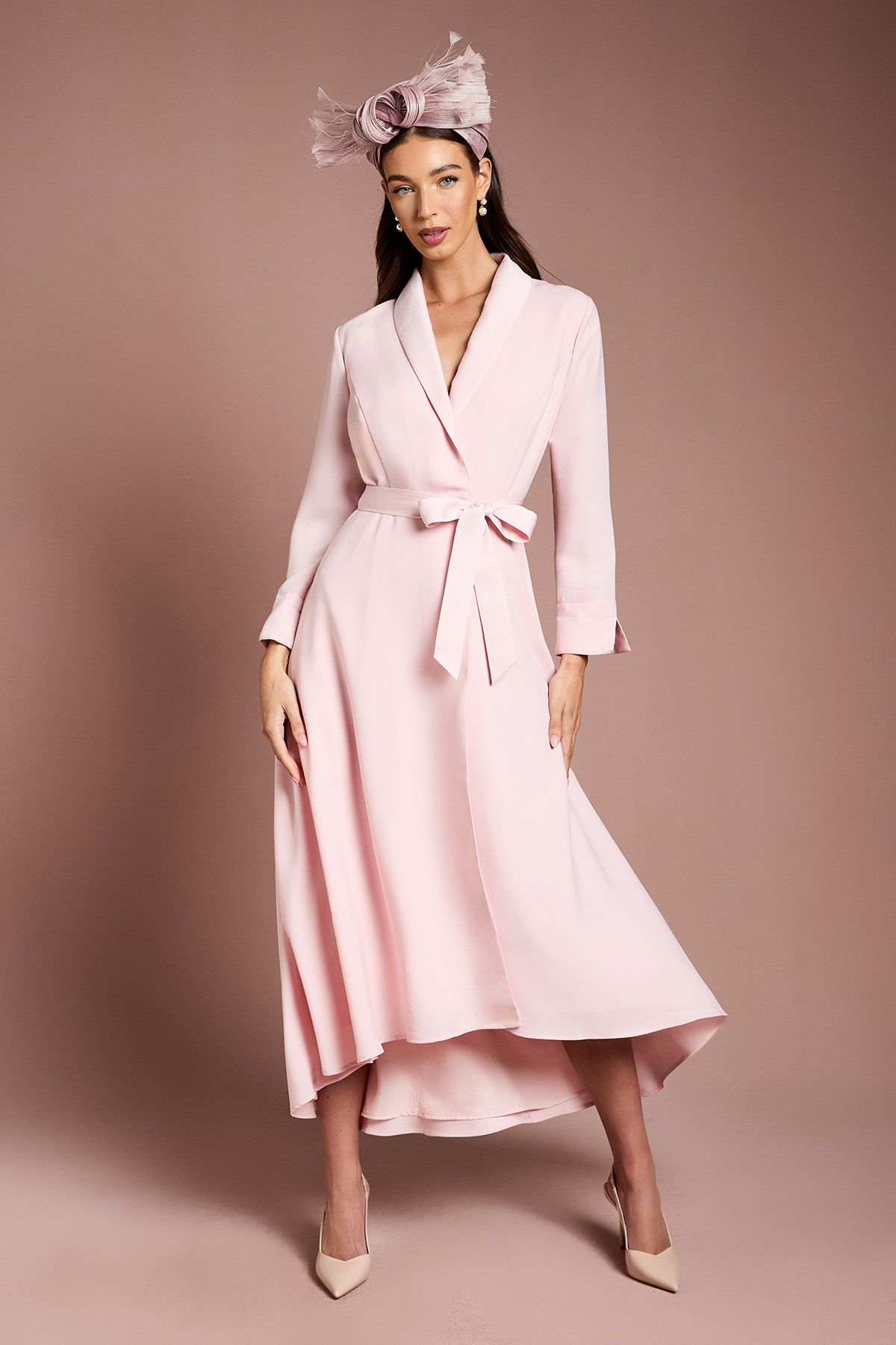 Coast Lisa Tan Collared Satin Belted Wrap Dress