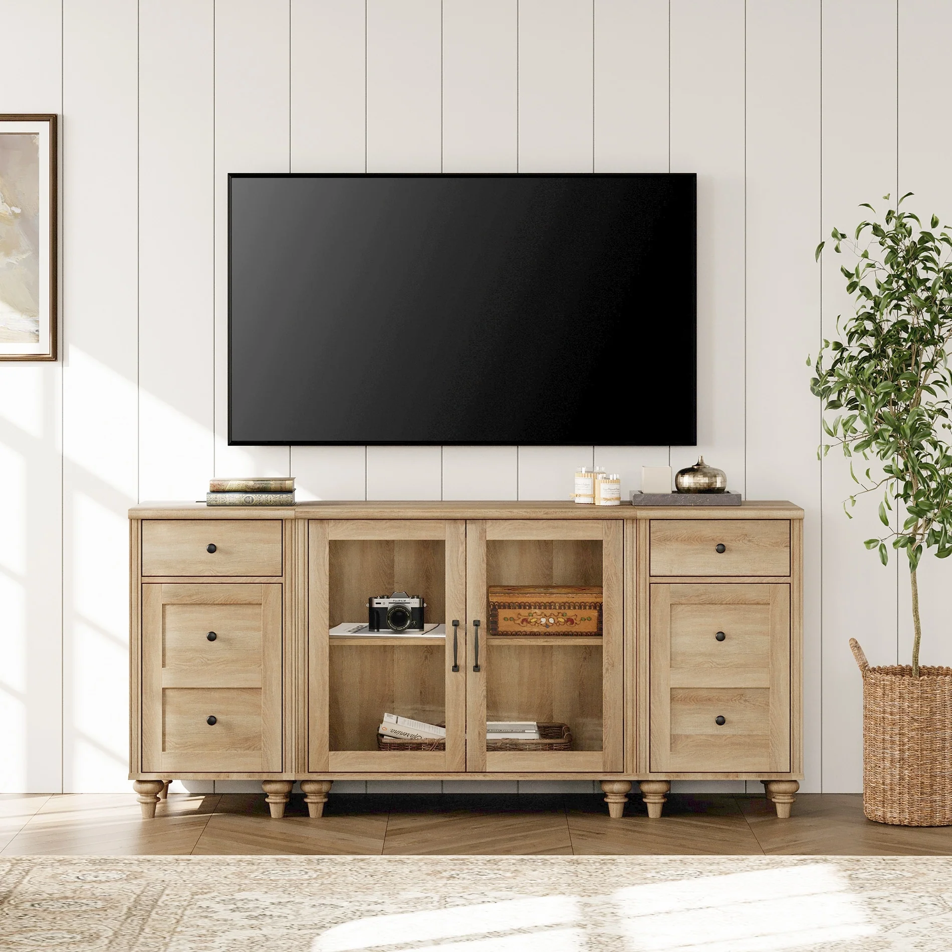 Farmhouse TV Stand with Glass Door, Oak